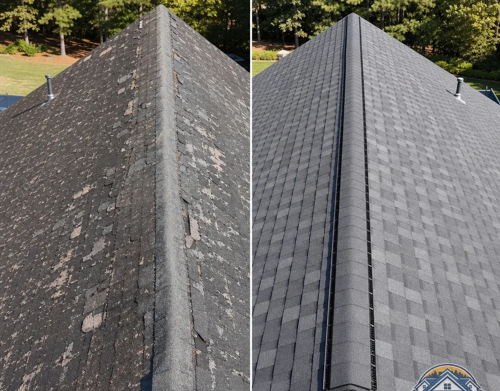 Before-and-after comparison of a worn shingle roof and a new architectural shingle roof