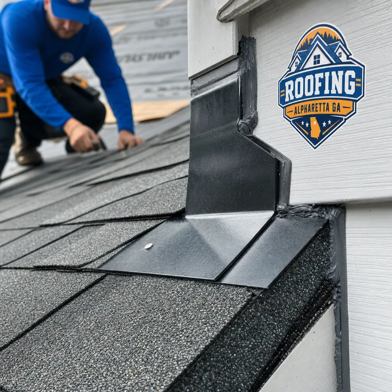 Close-up of correctly layered step flashing and shingles at a roof sidewall