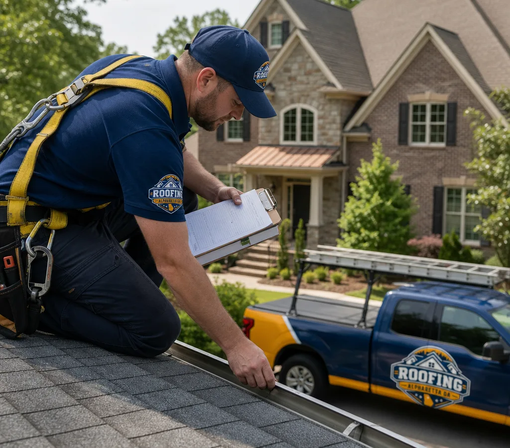 Roofer inspecting an asphalt shingle roof near a gutter on an Alpharetta home