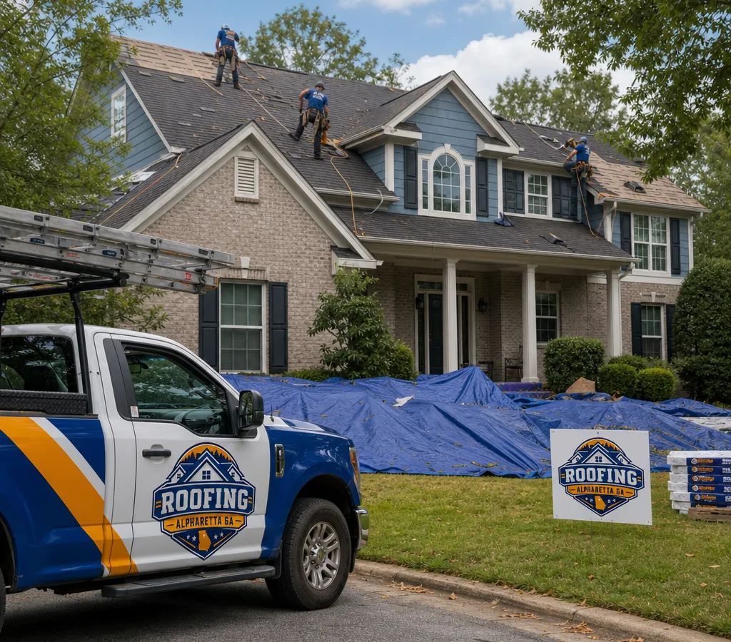 Roofing crew working safely on an asphalt shingle roof in Alpharetta with protected landscaping and tidy material staging