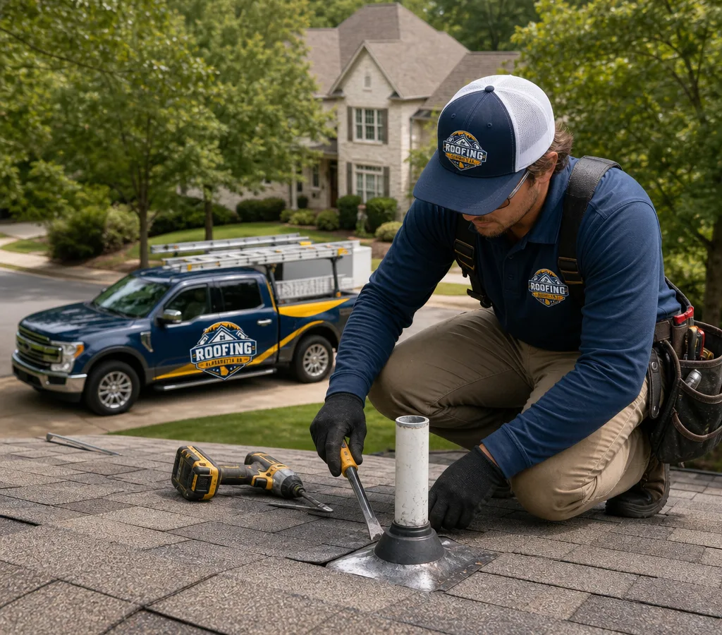 Roofing technician inspecting shingles and a roof penetration on a residential roof in Alpharetta