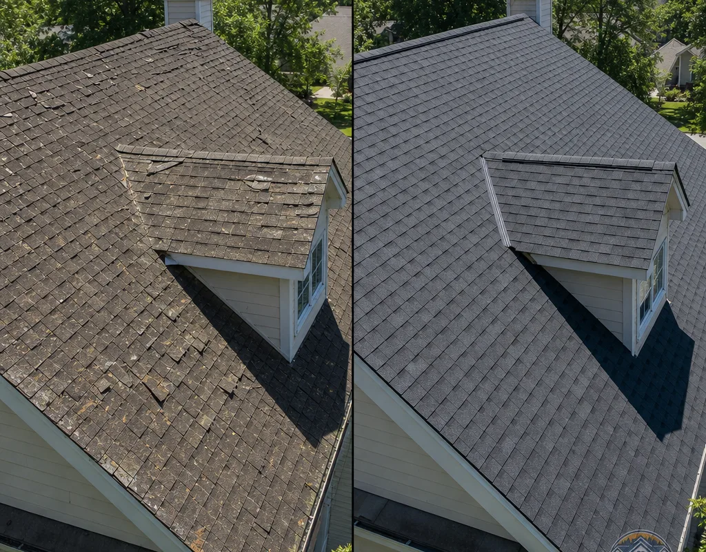 Before-and-after view of an Alpharetta home with aged shingles replaced by architectural shingles and clean edge detailing