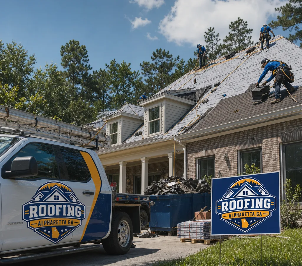 Residential roofing crew completing a full tear-off and shingle installation on an Alpharetta home with fall protection in use