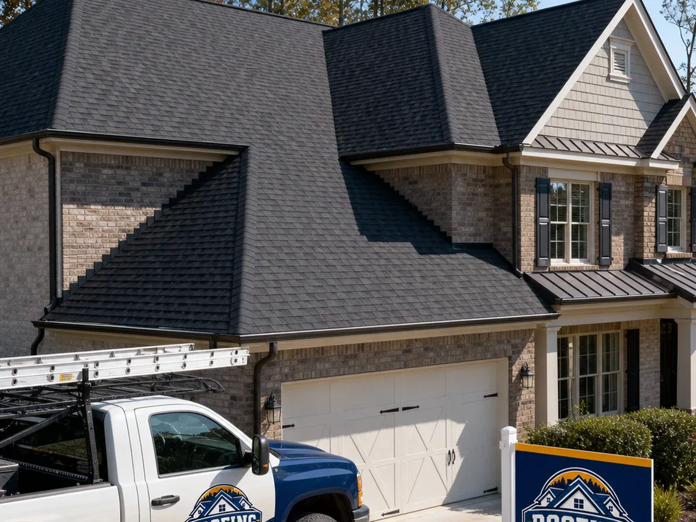 Finished roof replacement on a two-story home showing neat valleys and consistent shingle patterning