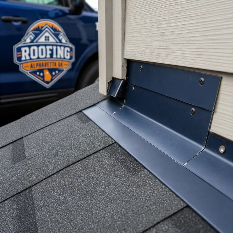 Properly installed step flashing and counterflashing at an asphalt-shingle roof-to-wall intersection