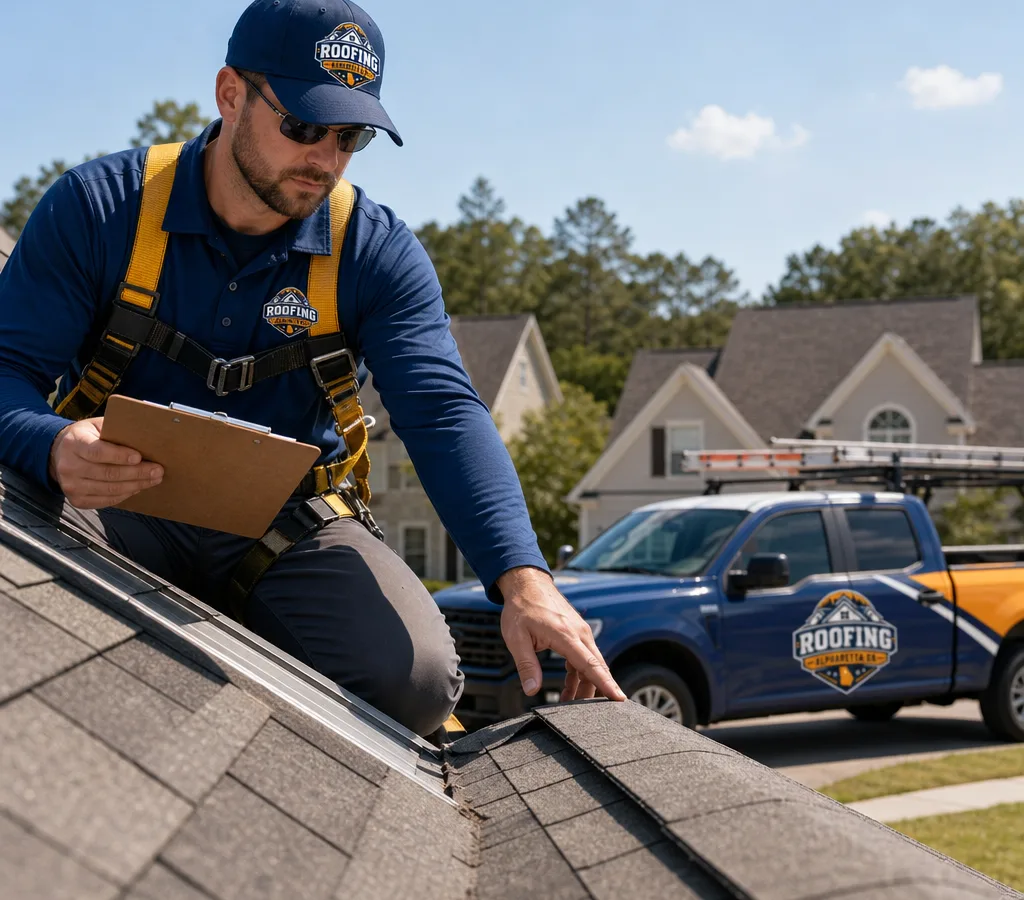 Professional roofer inspecting shingles and flashing on an Alpharetta residential roof