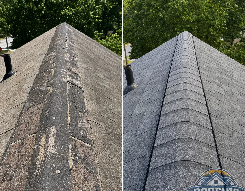 Before-and-after comparison of a worn shingle roof and the same roof plane after replacement