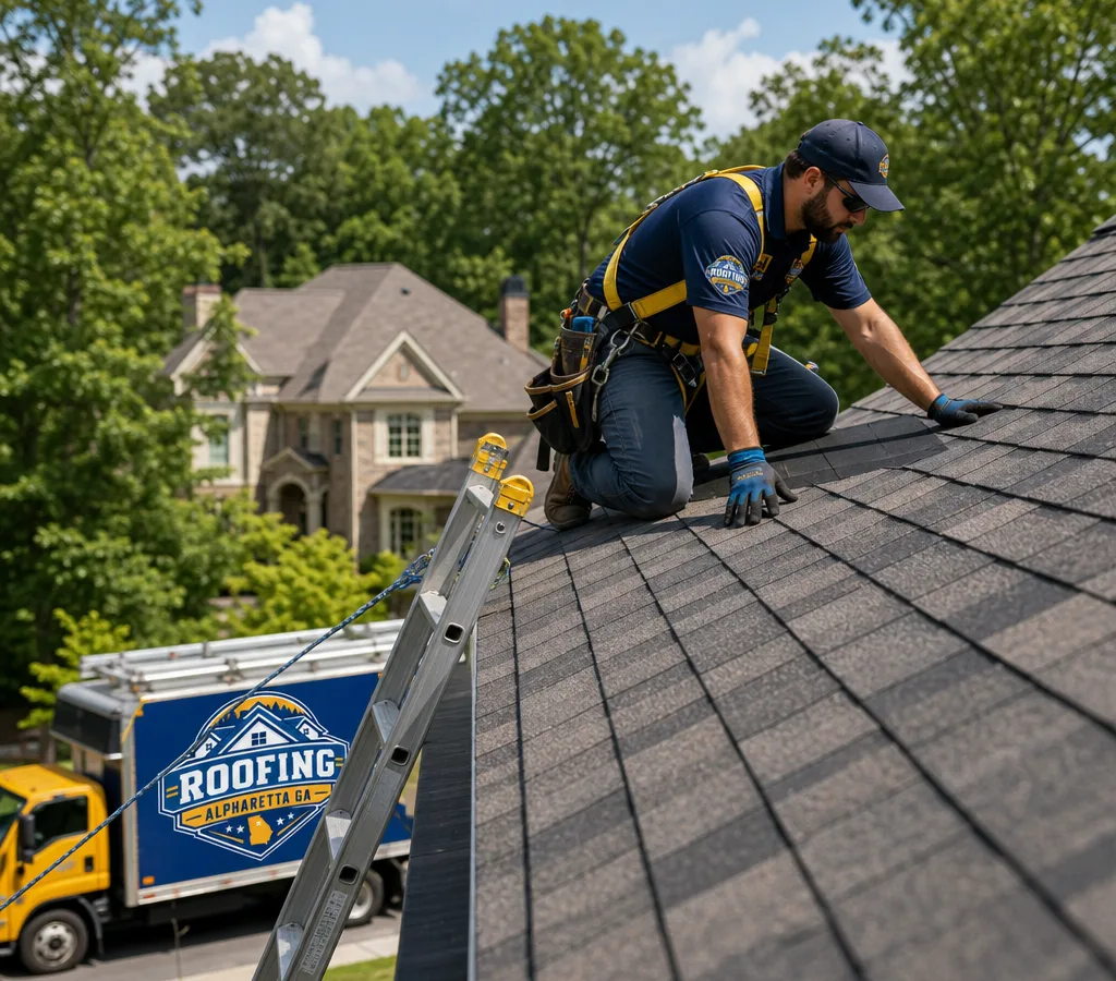 Roofing crew member inspecting a residential asphalt shingle roof on an Alpharetta home with a safe ladder setup