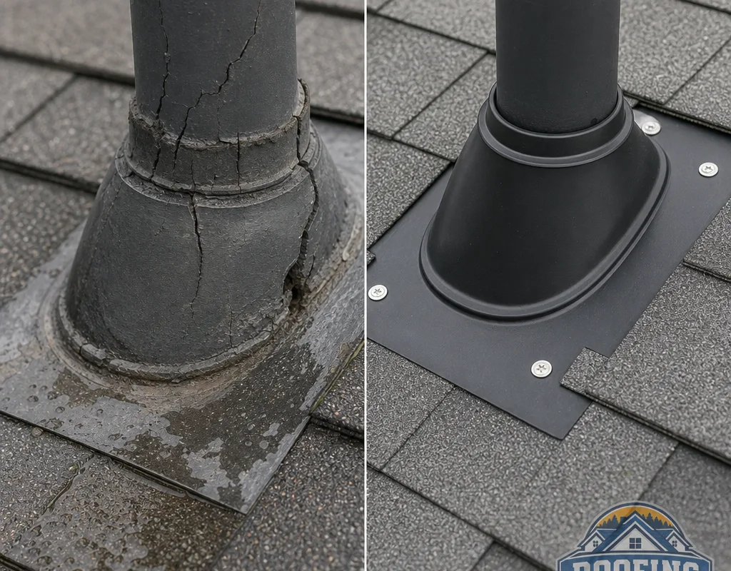 Before and after replacement of a cracked pipe boot integrated beneath asphalt shingles