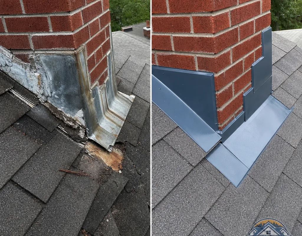 Before and after chimney flashing rebuilt with correctly layered step flashing and new shingles