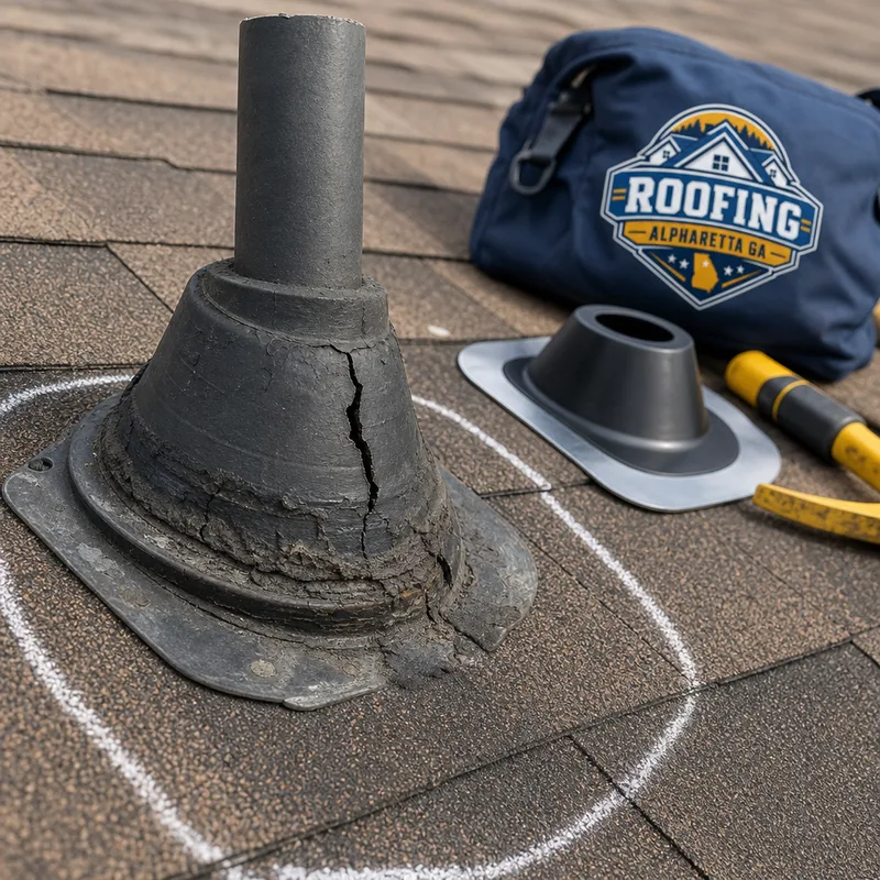 Cracked pipe boot and deteriorated flashing marked for roof leak repair
