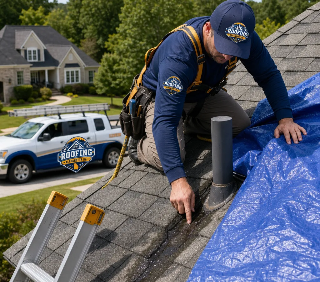 Technician safely tracing a roof leak near a valley and penetration on an Alpharetta home