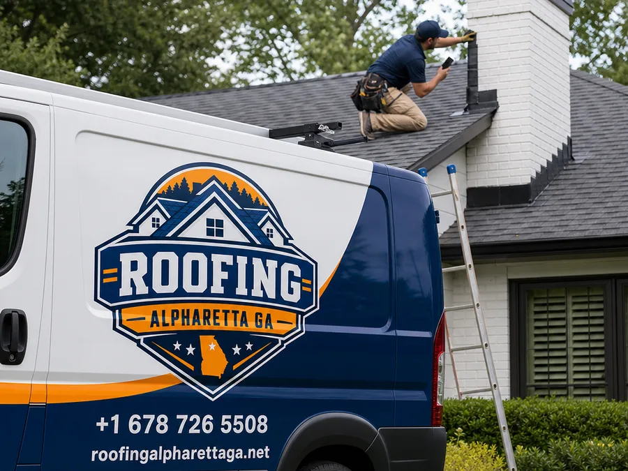 Roofer inspecting chimney flashing and documenting roof conditions for a written scope