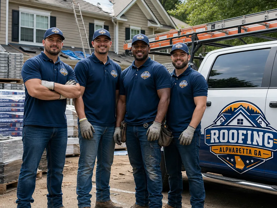 Roofing Alpharetta GA crew beside a work truck with safety equipment and organized roofing materials